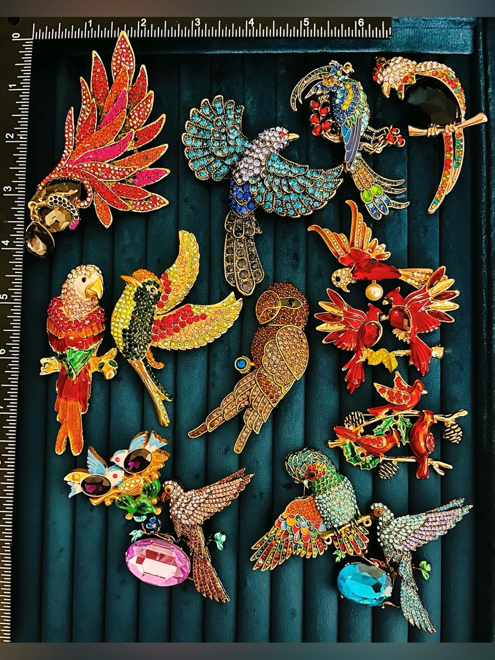 Vintage Style Bird Enamel Brooch Lot 14 Rhinestone Heavywork Jewelry